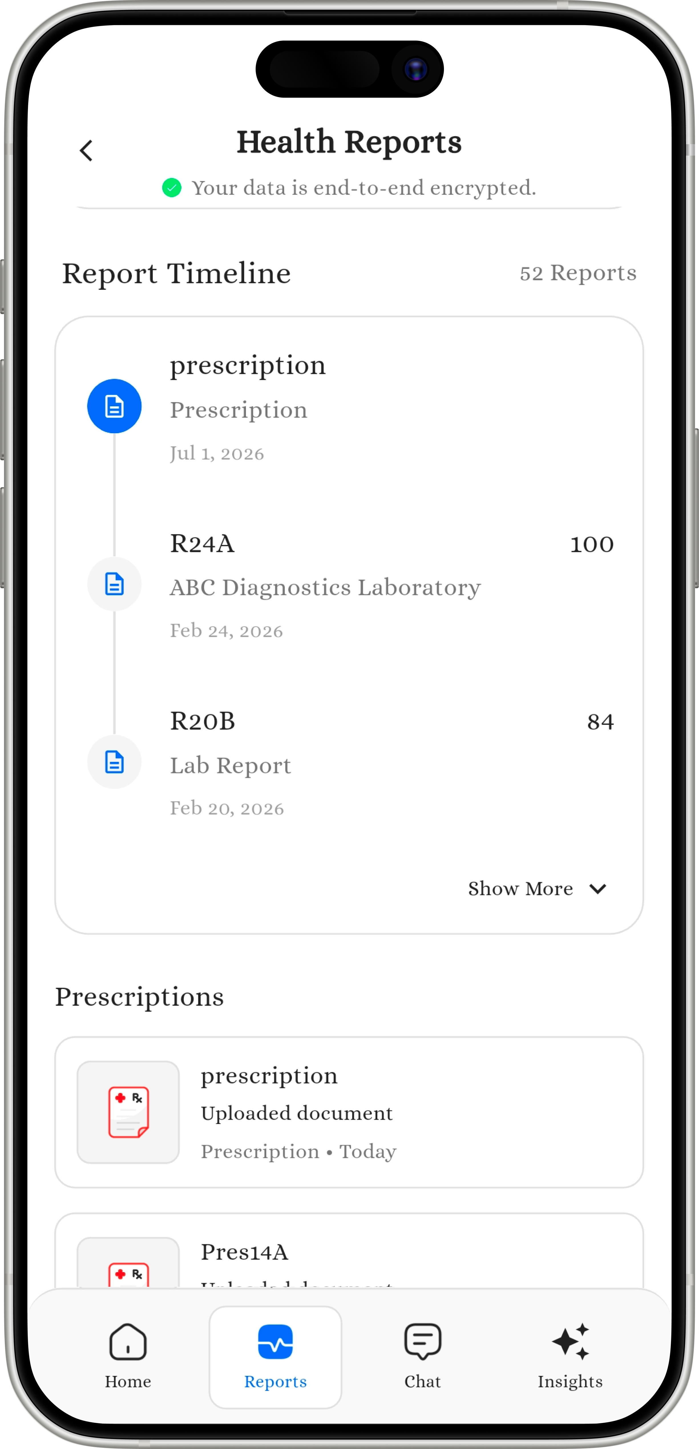 Medikhata app screen: Report Vault